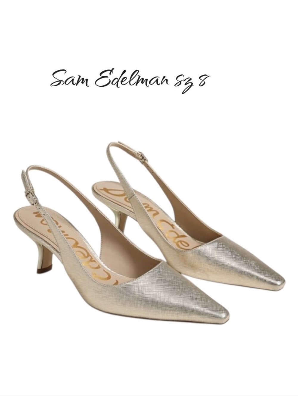 Sam Edelman Bianka Gold Metallic Slingback Pointed Toe Kitten Heels Size 8